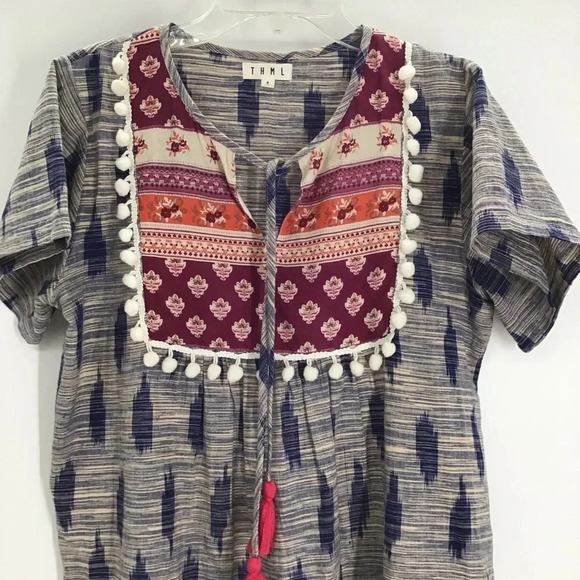 THML Women’s Multi-Patterened V-Neck Tunic Style Summer Dress Size Small - Picture 3 of 8